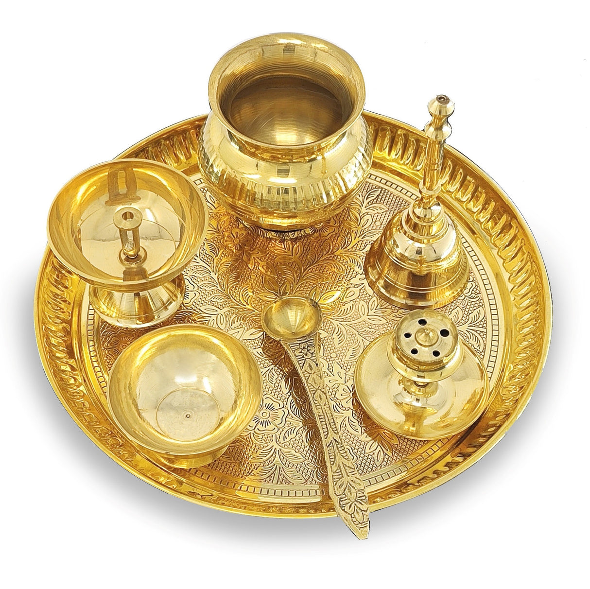 NOBILITY Brass Puja Thali Set 8 Inch Pooja Thali with Pital Plate Kalash Chandan Vati Piyali Deep Dhup Dan Ghanti Palli Diya Arti Thali for Diwali Home Office Mandir Wedding Return Gift Items