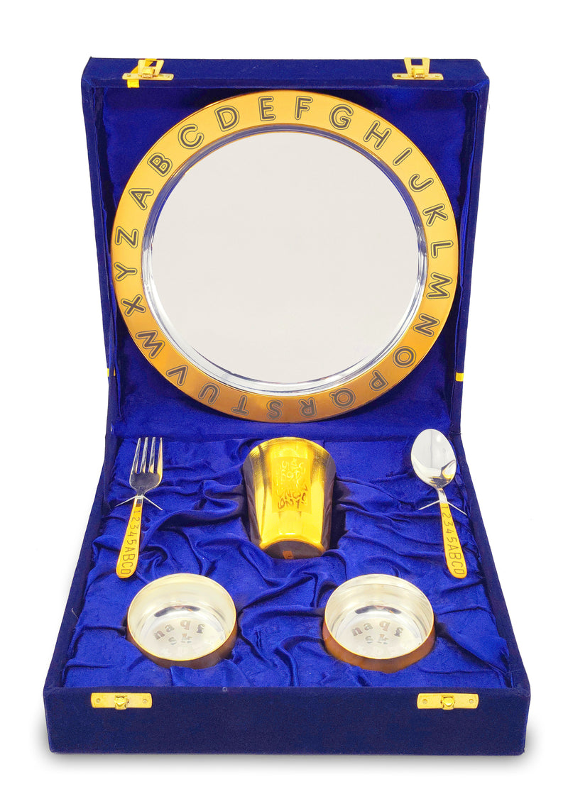 NOBILITY Gold & Silver Plated Baby Dinner Set With Blue Velvet Box for Gift Rice Ceremony Annaprashan Sanskar for Boys Girls Kids Birthday Return Festive Gift Items