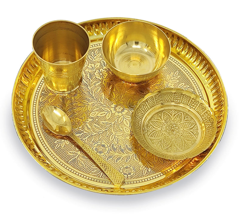 NOBILITY Brass Pooja Thali Set 8 Inch Puja Thali with Pital Plate and Accessories Arti Thali for Diwali Home Office Mandir Wedding Return Gift Items