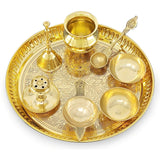 NOBILITY Puja Thali Set Brass Pooja Thali Set 8 Inch with Pital Plate Glass Kalash Spoon Ghanti Bowl Agarbatti Stand Kuber Diya Daily Pooja items for Diwali Home Mandir Office Wedding Return Gift Item