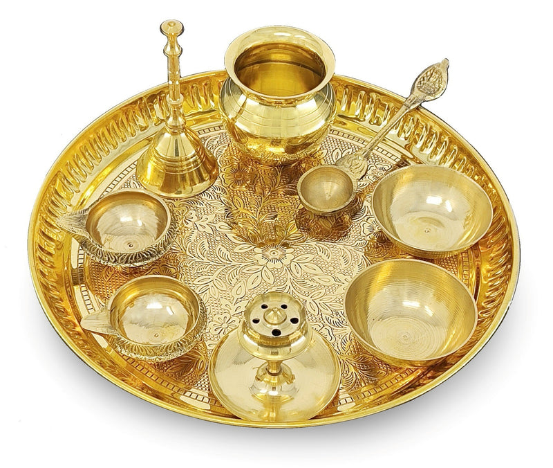 NOBILITY Brass Pooja Thali Set 8 Inch Puja Thali with Pital Plate Kalash Palli Chandan Vati Kuber Deep Dhup Dan Ghanti Arti Thali for Diwali Home Office Mandir Wedding Return Gift Items