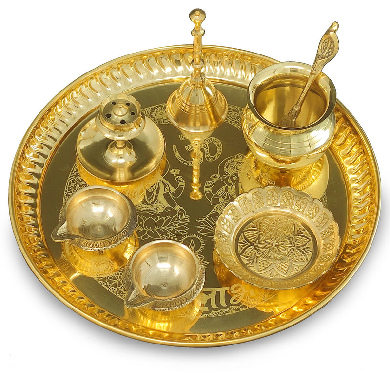 NOBILITY Brass Pooja thali Set 8 Inch with Pital Plate Kalash Spoon Ghanti Bowl Dhup Dan Kuber Diya Kangura Plate Puja Thali for Diwali Home Mandir Office Wedding Return Gift Items