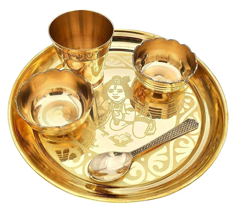 NOBILITY Brass Pooja Bhog thali Set 7 Inch Festival Kanha Krishna Thali Puja Set for Diwali Home Office Mandir Wedding Return Gift Items