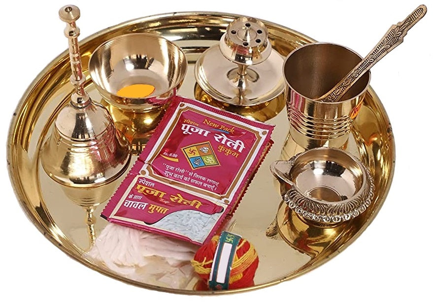 NOBILITY Brass Pooja thali Set 7 Inch with Accessories Puja Thali for Diwali Ganesh Festival Home Office Mandir Wedding Return Gift Items