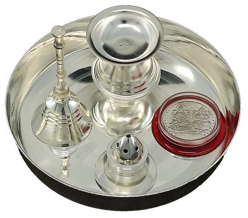 NOBILITY Silver Plated Pooja Thali Set 5 Inch with Coin and Accessories Puja Decorative for Home Office Wedding Return Gift Items