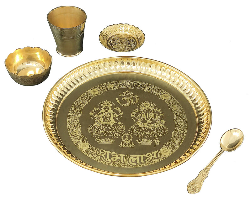 NOBILITY Brass Ganesh Lakshmi Bhog thali Pooja Set 8 Inch with Pital Plate Glass Spoon Prasad Bowls Puja Thali for Diwali Home Mandir Office Wedding Return Gift Items