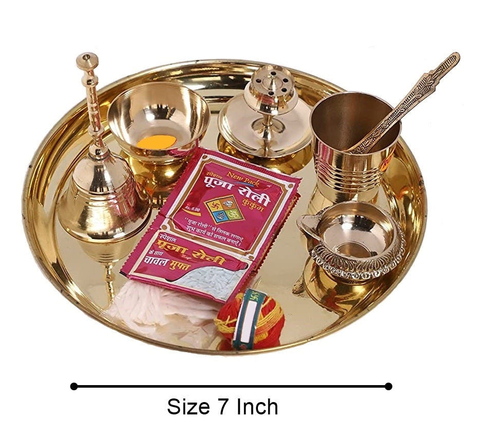 NOBILITY Brass Pooja thali Set 7 Inch with Accessories Puja Thali for Diwali Ganesh Festival Home Office Mandir Wedding Return Gift Items