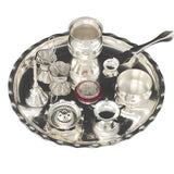 NOBILITY Silver Plated Pooja Thali Set 9.5 Inch with Plate Kalash Palli Diya Kumkum Holder Bowl Dhup Dan Coin Ghanti Puja Thali for Diwali Home Mandir Office Wedding Return Gift Items