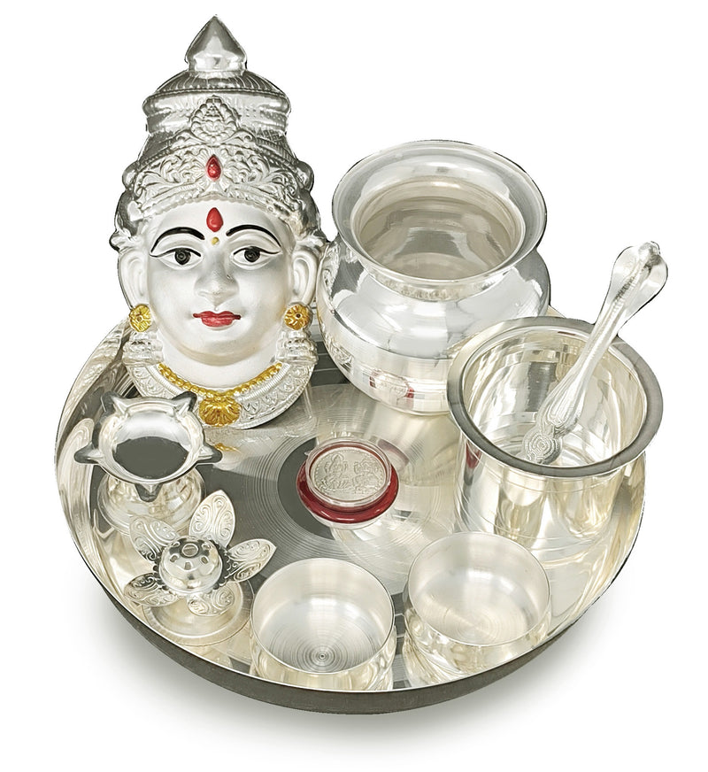 NOBILITY Silver Plated Pooja thali Set with Varalakshmi Devi Mukhota Idol Statue