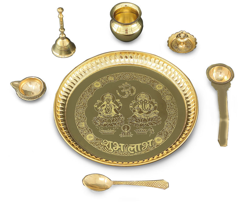 NOBILITY Brass Pooja Thali Set 8 Inch with Pital Plate Kalash Spoon Ghanti Kuber Diya Dhup Dan Golchi Arti Puja Thali for Diwali Home Mandir Office Wedding Return Gift Items