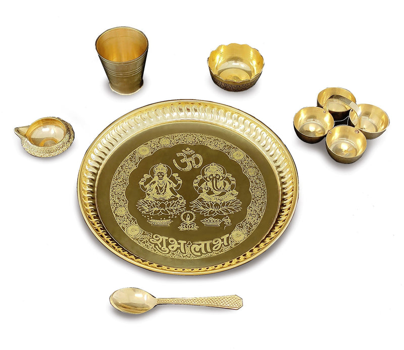 NOBILITY Brass Pooja thali Set 8 Inch with Pital Plate Glash Spoon Diya Bowl Dhup Dan Haldi Kumkum Holder Puja Arti Thali for Diwali Home Mandir Office Wedding Return Gift Items