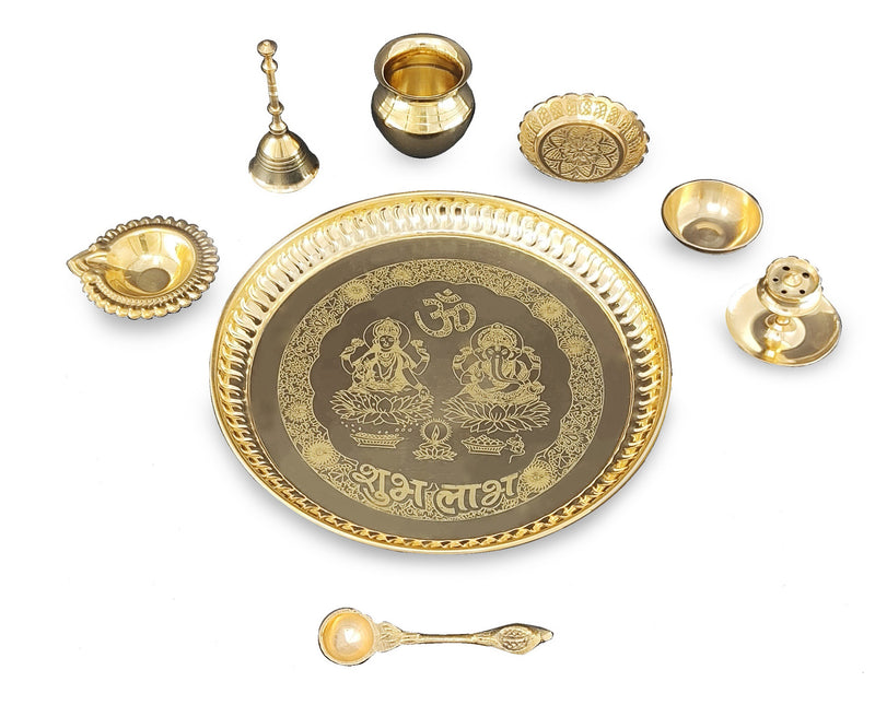 NOBILITY Brass Pooja Thali Set 8 Inch Puja Items with Pital Plate Kalash Palli Kangura Plate Chandan Vati Diya Dhup Dan Ghanti Arti Thali for Diwali Home Office Mandir Wedding Return Gift Items