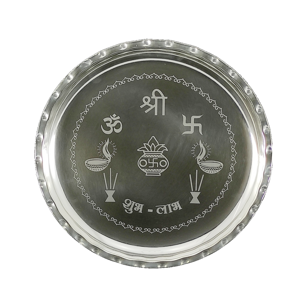 NOBILITY Silver Plated Pooja Thali Set 9.5 Inch with Plate Kalash Palli Diya Kumkum Holder Bowl Dhup Dan Coin Ghanti Puja Thali for Diwali Home Mandir Office Wedding Return Gift Items