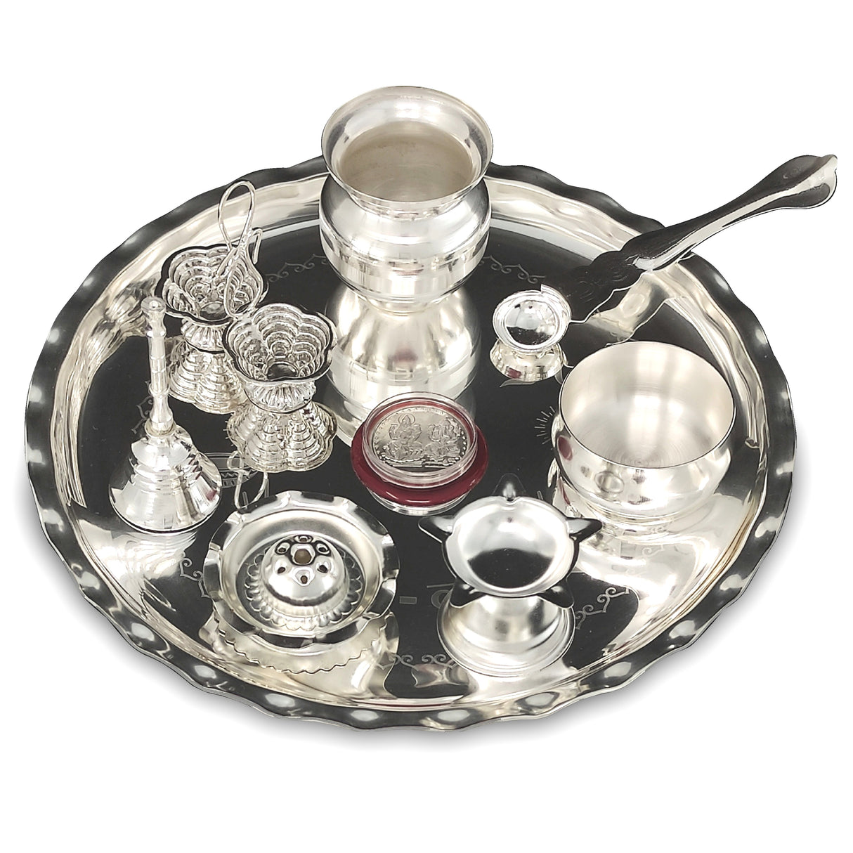 Bengalen Silver Plated Pooja thali Set 9.5 Inch with Plate Kalash Palli Diya Kumkum Holder Bowl Dhup Dan Coin Ghanti Puja Thali for Diwali Home Mandir Office Wedding Return Gift Items
