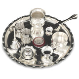 Bengalen Silver Plated Pooja thali Set 9.5 Inch with Plate Kalash Palli Diya Kumkum Holder Bowl Dhup Dan Coin Ghanti Puja Thali for Diwali Home Mandir Office Wedding Return Gift Items