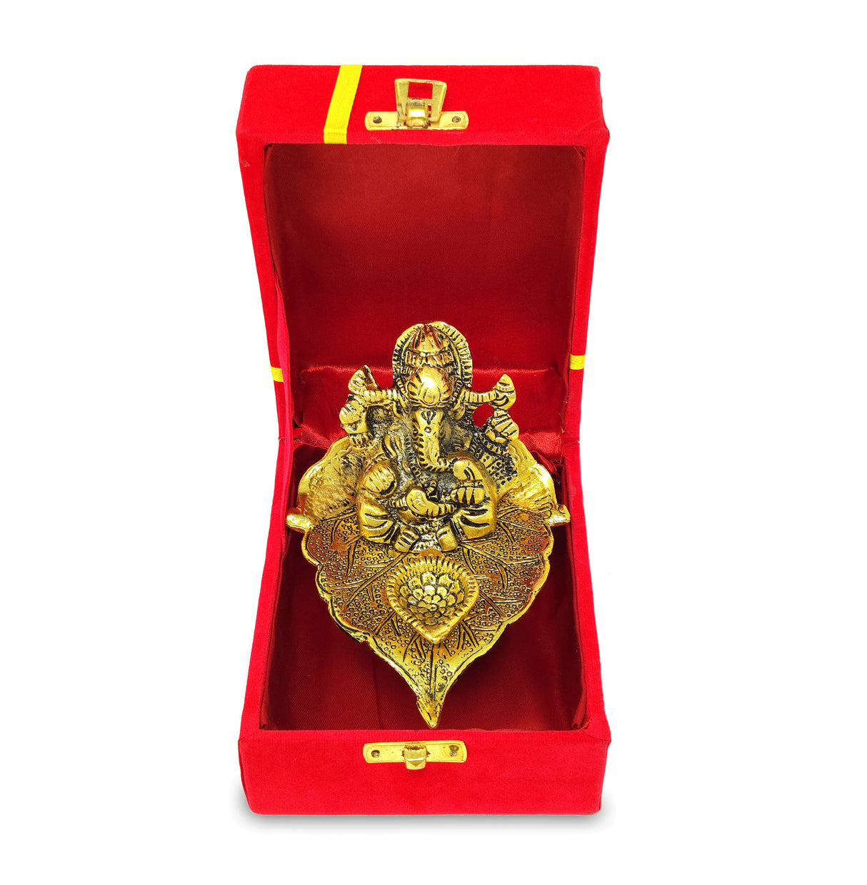 NOBILITY Gold Diya Ganesha on Leaf Oil Lamp Statue Idol with Red Velvet Gift Box Pooja Items Diwali Decoration Puja Gifts Handmade Oil Lamp Traditional Indian Deepawali Gift Items