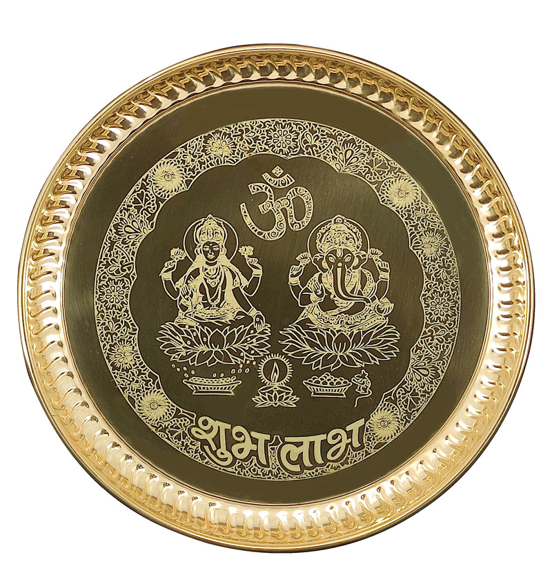 NOBILITY Brass Pooja thali Set 8 Inch with Pital Plate, Kuber Diya, Ghanti, Glass, Spoon, Bowl, Design Dhup Dan Daily Puja Thali for Diwali Home Mandir Office Wedding Return Gift Items