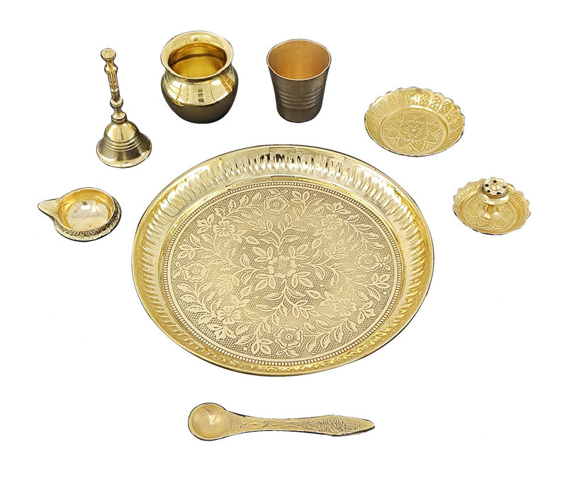 NOBILITY Brass Pooja Thali Set 7 Inch with Pital Puja Plate Kalash Bowl Spoon Dhup Dan Palli Ghanti Kuber Diya Chandan Wati Arti Thali for Diwali Home Office Mandir Wedding Return Gift Items