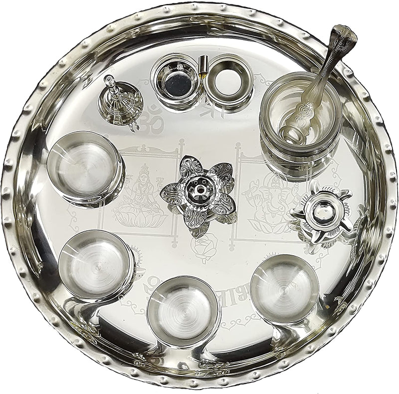 NOBILITY Premium Silver Plated Pooja thali Set 12 Inch Festival Ethnic Puja Thali for Diwali, Home, Temple, Office, Wedding Gift