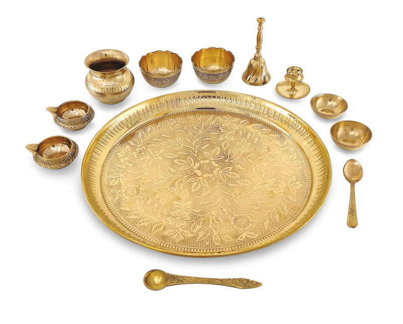 NOBILITY Brass Pooja Thali Set 12 Inch with Pital Plate Kalash Bowl Spoon Palli Ghanti Kuber Diya Chandan Wati Dhup Dan Puja Thali for Diwali Home Office Mandir Wedding Return Gift Items