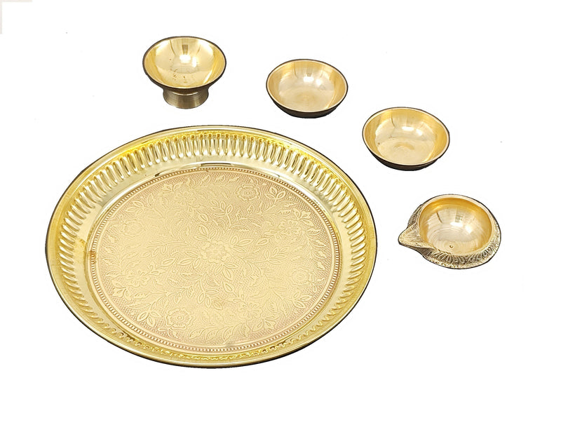 NOBILITY Brass Pooja Thali Set 6 Inch Puja Thali with Pital Plate Bowl Kuber Diya Chandan Wati Arti Thali for Diwali Home Office Mandir Wedding Return Gift Items