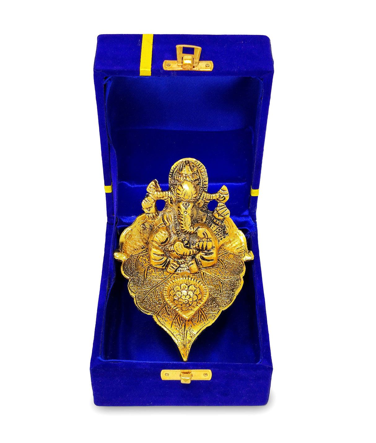 NOBILITY Gold Diya Ganesha on Leaf Oil Lamp Statue Idol with Blue Velvet Gift Box Pooja Items Diwali Decoration Puja Gifts Handmade Oil Lamp Traditional Indian Deepawali Gift Items