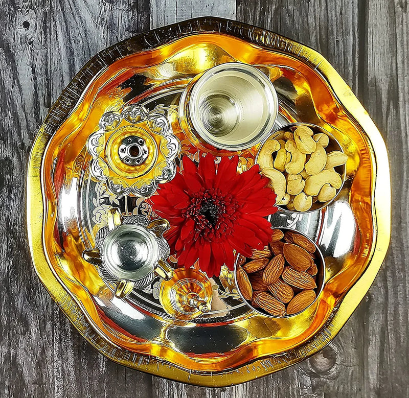 NOBILITY Gold and Silver Plated Pooja thali Set Designed Puja Thali Items for Diwali, Home, Mandir, Office, Wedding Return Gift