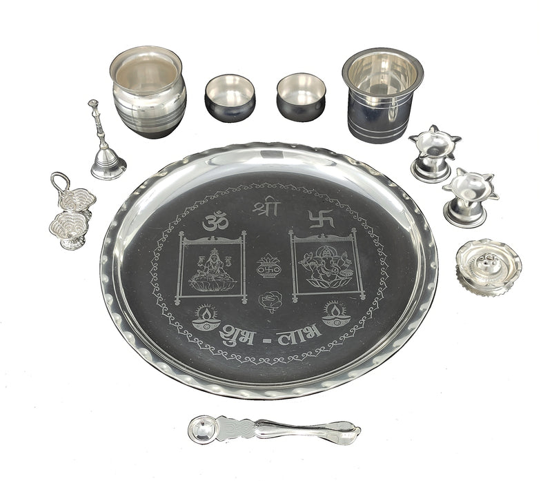 NOBILITY Pooja Thali Set 12 Inch Silver Plated with Designed Puja Plate Kalash Panchpatra Palli Bowl Dhup Dan Ghanti Haldi Kumkum Stand Diya for Home Mandir Office Wedding Return Gift Items