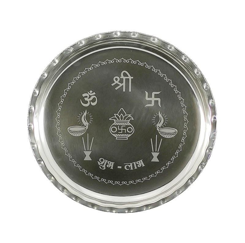 NOBILITY Pooja Thali Set Silver Plated 9.5 Inch Plate with Coin Glass Bowl Tortoise Diya Dhup Dan Palli Kumkum Stand for Puja Diwali Home Decor Temple Office Wedding Return Gift Items