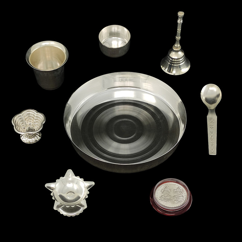 NOBILITY Silver Plated Pooja Thali Set 5 Inch Plate Kumkum Holder Diya Ghanti Glass Spoon Bowl Ganesh Lakshmi Coin Premium Puja Decorative for Home Office Wedding Return Gift Items