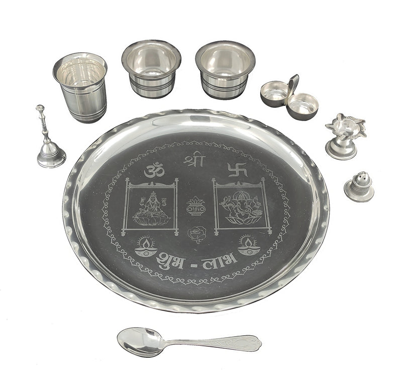 NOBILITY 12 Inch Silver Plated Pooja Thali Set with Accessories Daily Puja Decorative Gifts for Home Office Mandir Diwali Wedding Return Gift Items