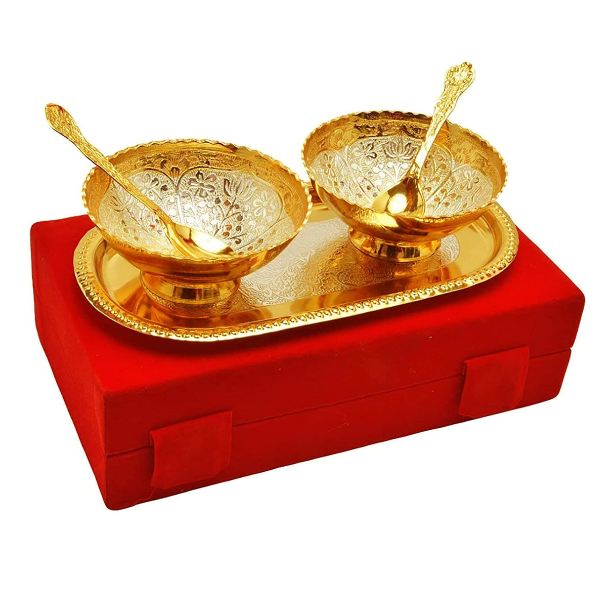 NOBILITY Bowl Spoon Tray Set Gold Silver Plated for Diwali Gift Housewarming Friends Relative Wedding Return Housewarming Gift Items