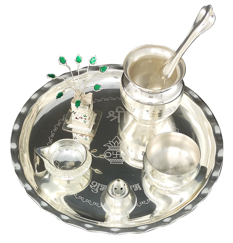 NOBILITY Silver Plated Pooja thali Set 8 Inch with Plate Bowl Loti Palli Agarbatti Stand Kuber Diya Tulsi Idol Puja Thali for Diwali Home Mandir Office Wedding Return Gift Items