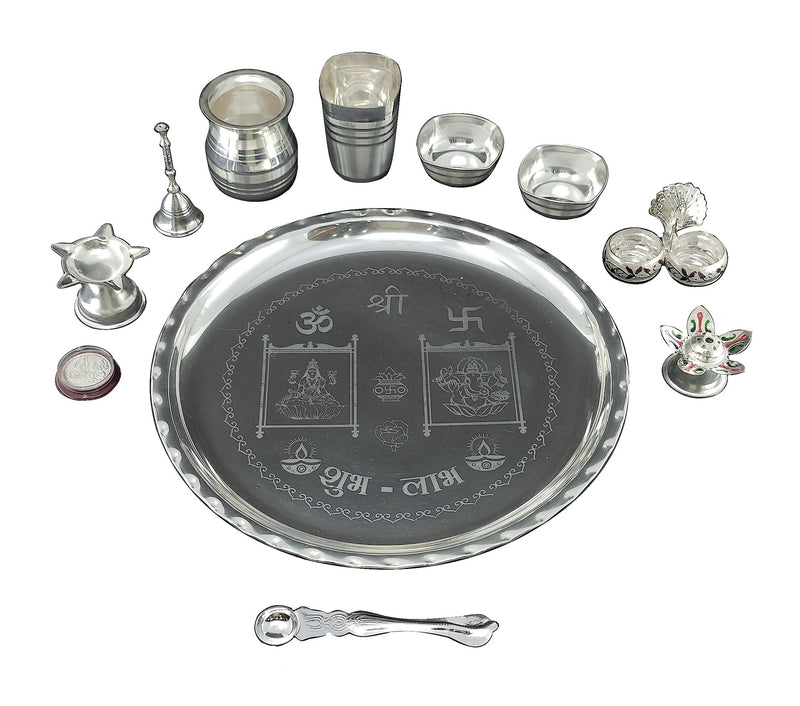 NOBILITY 12 Inch Silver Plated Pooja Thali Set with Accessories Daily Puja Decorative Gifts for Home Office Mandir Diwali Wedding Return Gift Items