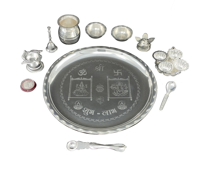 NOBILITY 12 Inch Silver Plated Pooja Thali Set with Accessories Daily Puja Decorative Gifts for Home Office Mandir Diwali Wedding Return Gift Items