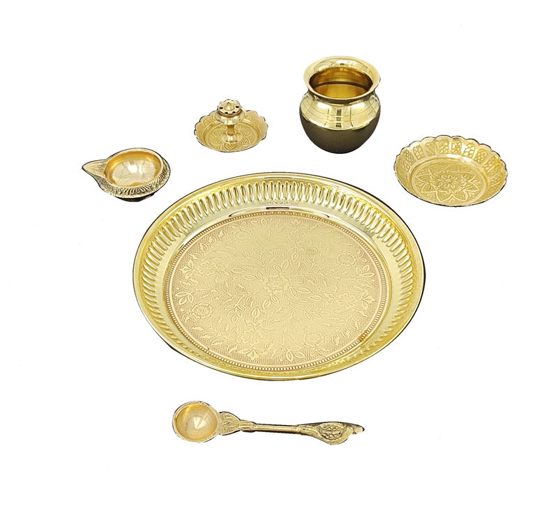 NOBILITY Brass Pooja Thali Set 6 Inch Puja Thali with Pital Plate Kalash Kuber Diya Dhup Dan Palli Kangura Plate Arti Thali for Diwali Home Office Mandir Wedding Return Gift Items