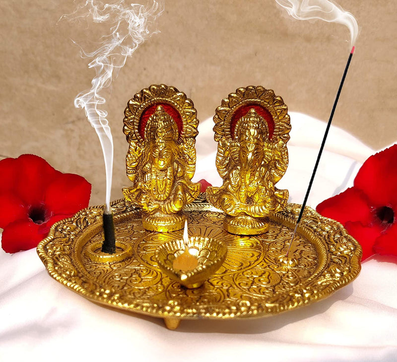 NOBILITY Pooja thali Set with Ganesha Laxmi Idol Statue Diya for Festival Ethnic Metal Puja Thali Gift for Diwali, Home, Temple, Office, Wedding Return Diwali Gift Items
