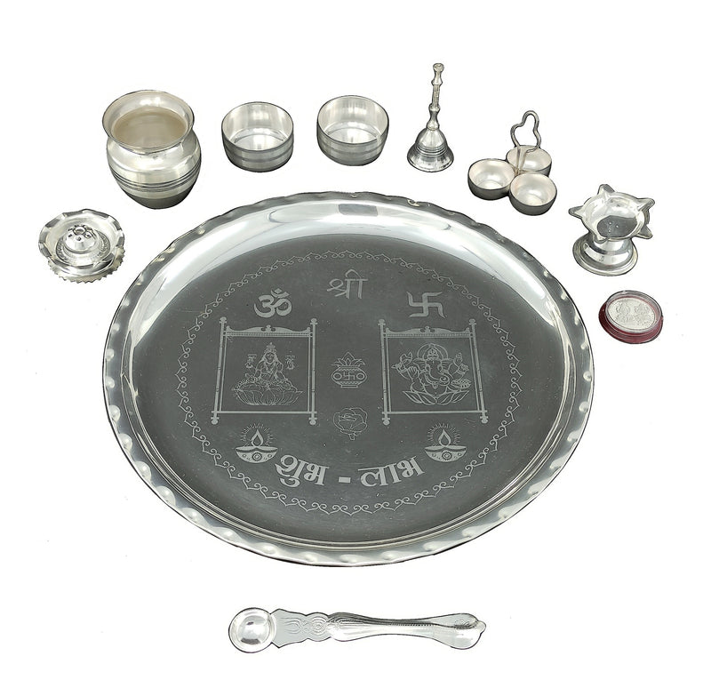 NOBILITY 12 Inch Silver Plated Pooja Thali Set with Accessories Daily Puja Decorative Gifts for Home Office Mandir Diwali Wedding Return Gift Items