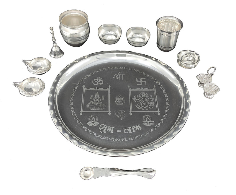 NOBILITY 12 Inch Silver Plated Pooja Thali Set with Accessories Daily Puja Decorative Gifts for Home Office Mandir Diwali Wedding Return Gift Items