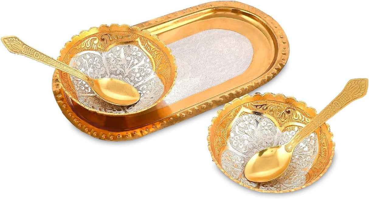 NOBILITY Bowl Spoon Tray Set Gold Silver Plated for Diwali Gift Housewarming Friends Relative Wedding Return Housewarming Gift Items