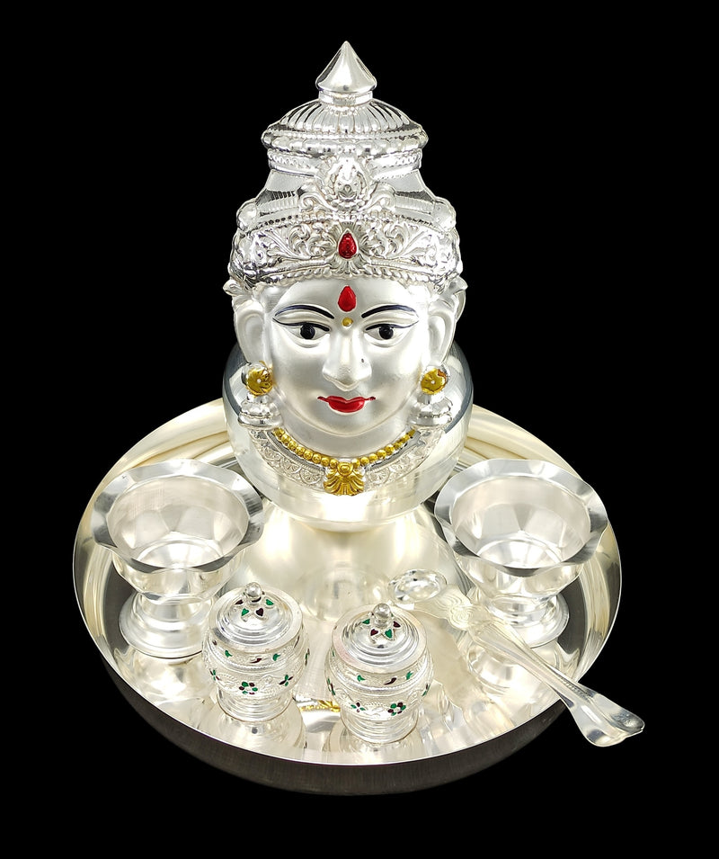 NOBILITY Silver Plated Pooja thali Set with Lakshmi Devi Mukhota Varalakshmi Idol Statue