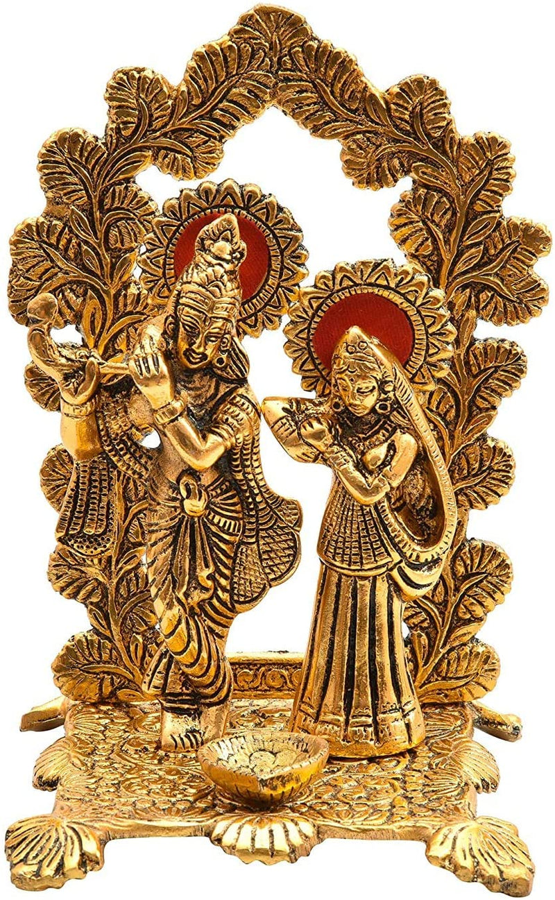 NOBILITY Radha Krishna Idol Statue Metal Gold Plated with Diya Peacock Design Hindu Religious Radha Krishan Showpiece Figurine for Janmashtami Home Temple Pooja Decor Wedding Return Gifts