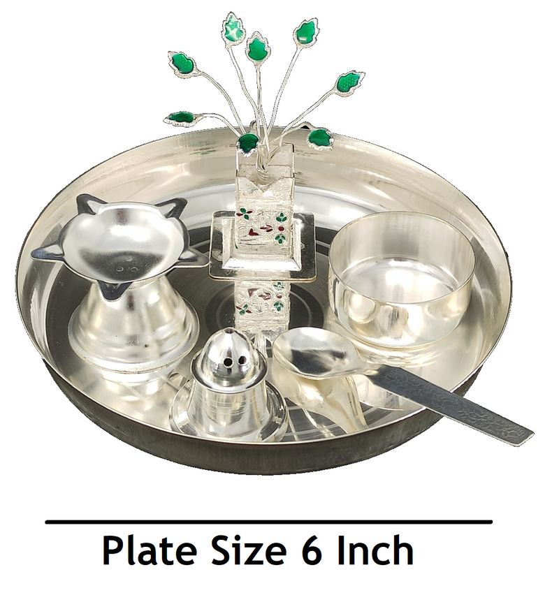 NOBILITY Silver Plated Pooja Thali Set 6 Inch with Plate Agarbatti Stand Tulsi Idol Bowl Spoon Diya Puja Decorative Items for Home Mandir Office Wedding Return Gift Items