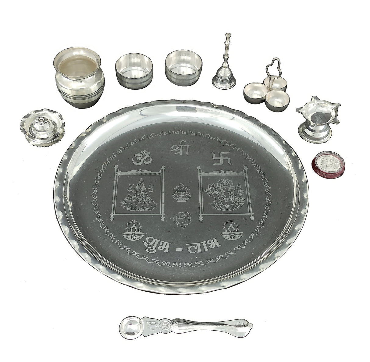 NOBILITY Pooja Thali Set Silver Plated 12 Inch Designed Puja Thali with Glass Bowl Diya Dhup Dan Haldi Kumkum Stand Spoon Coin for Home Mandir Office Wedding Return Gift Items