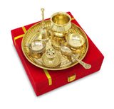 NOBILITY Brass Pooja Thali Set with Red Gift Box 6 Inch Pital Plate Kalash Spoon Chandan Wati Dhup Dan Kuber Diya Ghanti Puja Arti Thali for Diwali Home Office Mandir Wedding Return Gifts