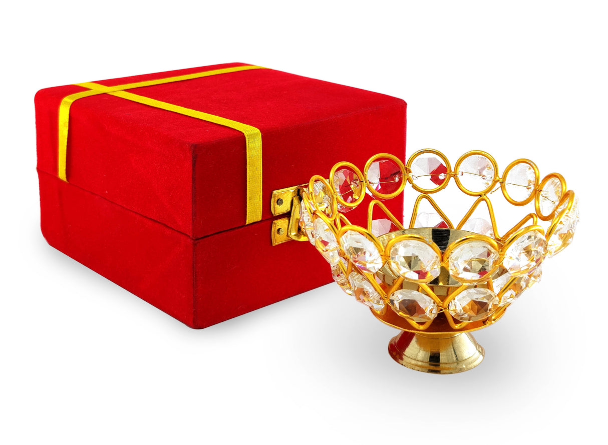 Gold Crystal Diya with Red Velvet Gift Box Home Decoration Chrystal Piyali Dia Pooja Items Puja Gifts Handmade Oil Lamp Traditional Indian Dhanteras Deepawali Diwali Gift Items