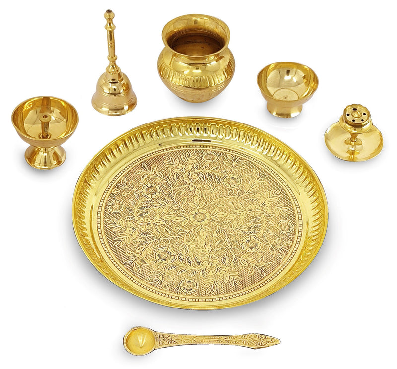 NOBILITY Brass Puja Thali Set 8 Inch Pooja Thali with Pital Plate Kalash Chandan Vati Piyali Deep Dhup Dan Ghanti Palli Diya Arti Thali for Diwali Home Office Mandir Wedding Return Gift Items