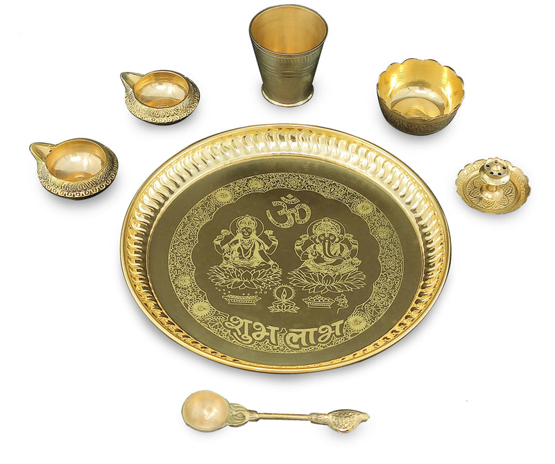 NOBILITY Brass Pooja Thali Set 8 Inch with Pital Plate Glass Nag Archmini Spoon Kuber Diya Dhup Dan Puja Thali for Diwali Home Mandir Office Wedding Return Gift Items