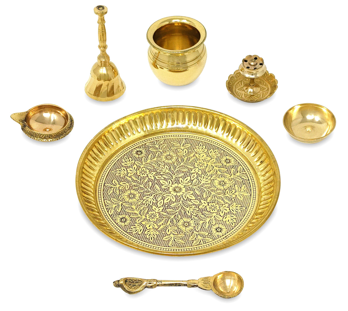BENGALEN Brass Pooja Thali Set Small 6 Inch Puja Thali with Pital Plate Kalash Kuber Diya Chandan Wati Agarbatti Stand Ghanti Palli Arti Thali for Diwali Home Office Mandir Wedding Return Gift Items