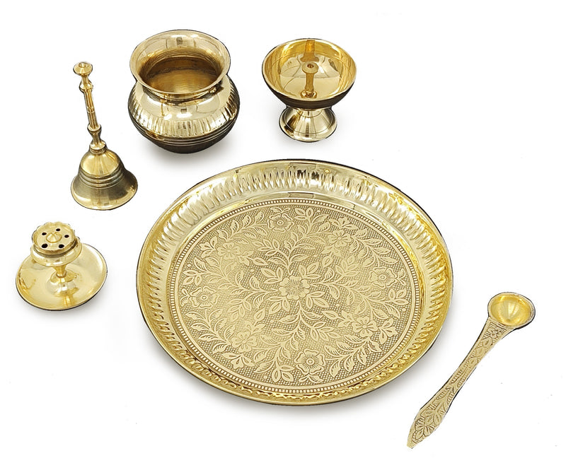 NOBILITY Brass Pooja Thali Set 7 Inch with Pital Puja Plate Kalash Bowl Spoon Dhup Dan Palli Ghanti Kuber Diya Chandan Wati Arti Thali for Diwali Home Office Mandir Wedding Return Gift Items